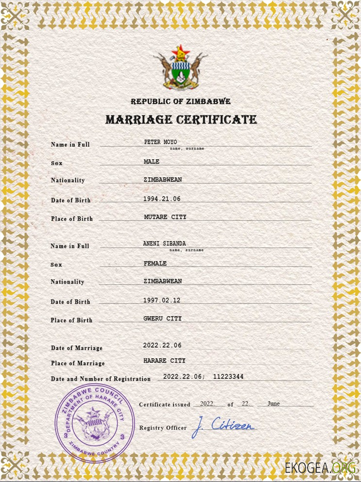 Modèle PSD de certificat de mariage au Zimbabwe